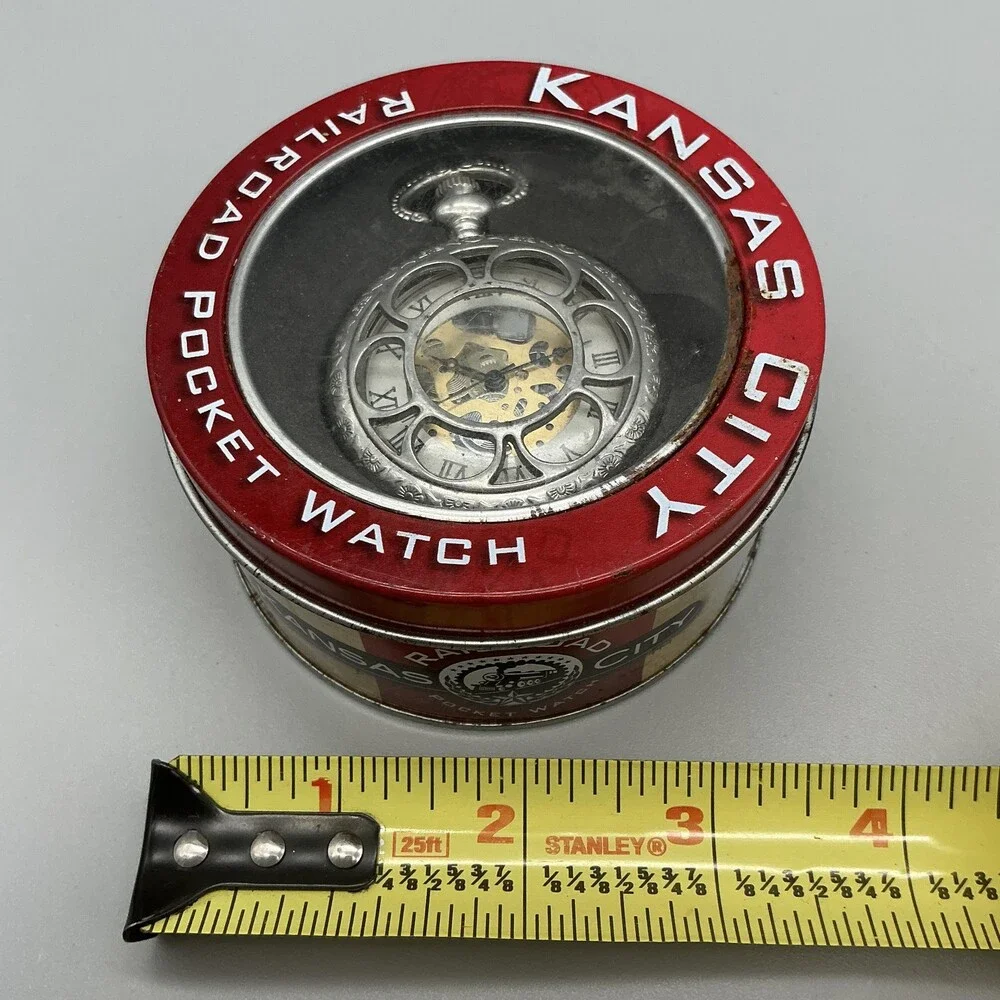 Kansas City Railroad Pocket Watch Men 47mm Silver Tone Skeleton Manual